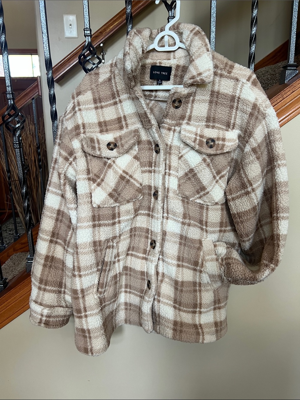 Love Tree Cream and Brown Plaid Teddy Sherpa Shacket